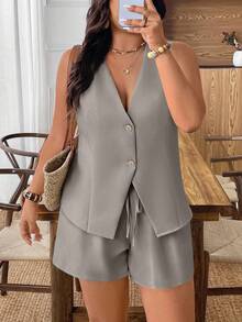 Weeklong 大码女式单排扣背心和短裤休闲两件套 - 灰色 - 查看 3