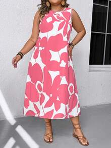 EMERY ROSE Plus Size Colorblock Print Round Neck Sleeveless Dress - Pink - View 6