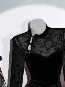 Elamini Vestido mini de mujer de terciopelo con patchwork y ajuste ceñido, estilo chino, adecuado para Navidad, otoño/invierno - Negro - Ver 4