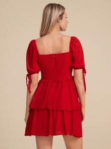 WESTFADE 泡泡袖系带迷你连衣裙 - 紅色 - 查看 4