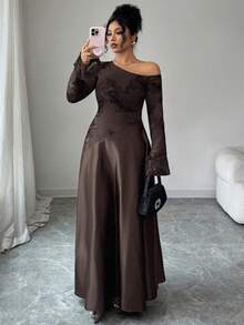 Modelyn Plus Size Women's Sexy Brown Asymmetric-Shoulder Mesh Embroidered Long Sleeve High Waist Slim Dress - Brown - View 3