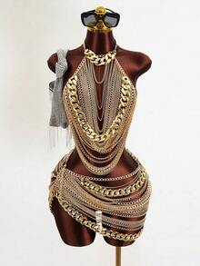 Mistrie Women's Sexy See-Through Chain Rhinestone 2 Pieces Set, Autumn/Winter - Gold - View 3