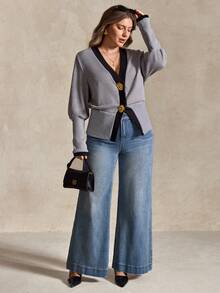 Elegantrix Plus Size Women Colorblock Waist Trim Casual Cardigan Top, Autumn/Winter - Grey - View 6