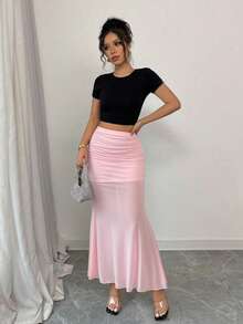 Elenzga 女士纯色网纱拼接鱼尾裙，百搭 - 粉色 - 查看 3