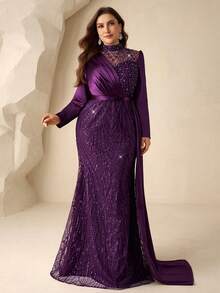 Coutiva Plus Size Elegant Long Sleeve Embroidered Patchwork Satin Hem Mermaid Skirt With Side Draping Design Suitable For Wedding Mother Of The Bride Evening Dress, Wedding Guest Dress, Formal Dinner Dress Valentines Dress Elegant Dress Sequin Dress Floral Dress - Purple - View 5