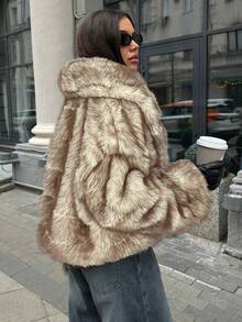 Aloruh Chaqueta corta de invierno versátil de manga larga con falso pelo para mujer - Albaricoque - Ver 2