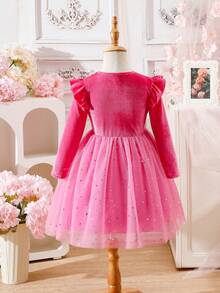 Glamorique Kids Girls' New Velvet Patchwork Star Mesh Red Christmas Dress, Suitable For Autumn/Winter, Quality Fabric, Soft Star Mesh, Velvet Patchwork Design, Suitable For Christmas And Casual Occasions