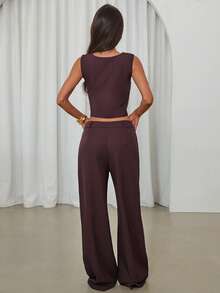 Aloruh Bộ vest công sở màu nâu đậm dành cho nữ, gồm áo vest và quần tây, kiểu dáng đơn giản. - màu nâu - Xem 2