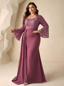 Coutiva 大码女士水钻装饰高端晚礼服，奢华亮片正式礼服，优雅派对礼服 - 藕粉色 - 查看 9