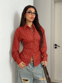 StreetHx Camicia oversize a maniche lunghe in stile retrò anni 2000 Y2K, con lacci in vita, a quadri marroni, comoda, adatta per l'autunno/inverno - Rosso - Visualizzare 5