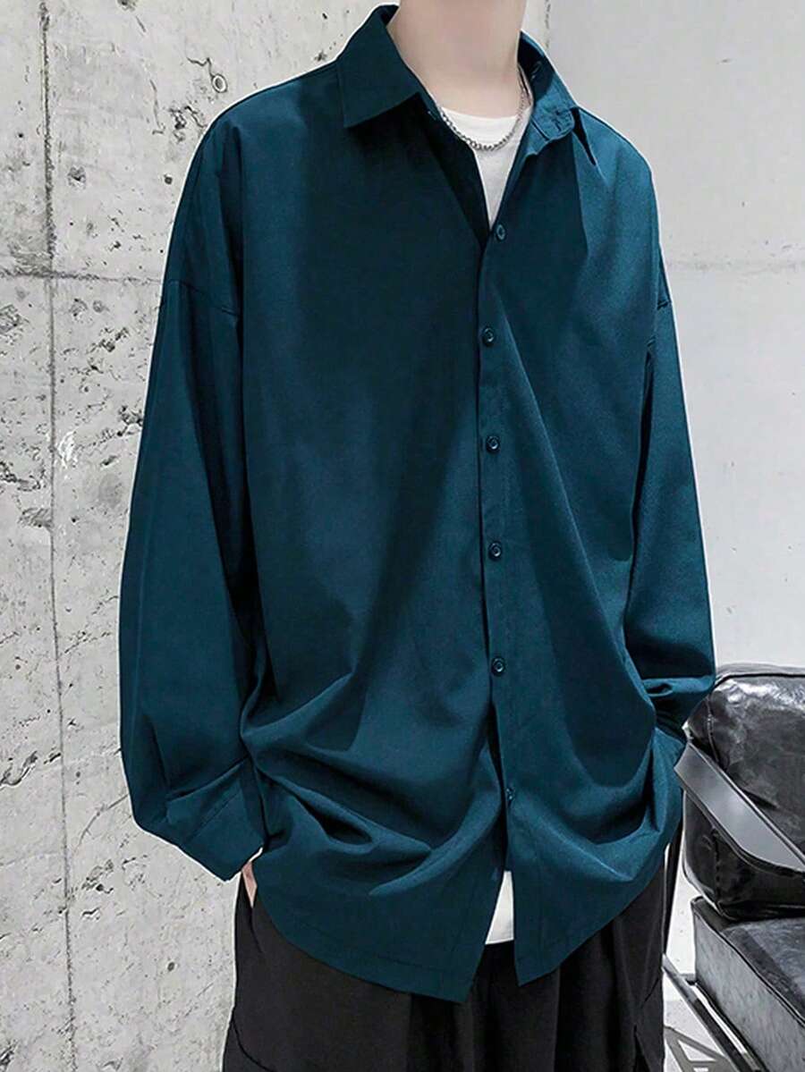 Claim Dot 宽松男士纯色落肩衬衫（不含领带） - 綠色 - 查看 1