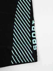 Manfinity Swimmode Men's Summer Beach Vacation Style Letter & Stripe Print Drawstring Waist Swim Trunks - Black - View 7