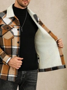 Manfinity Homme Plus Size Men's Casual Vintage Striped Long Sleeve Jacket, Suitable For Daily Outings Plaid Jacket Plaid Flannel Flannels For Men Jackets For Men - Khaki - View 4