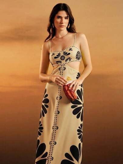 CAJUNI 女士波西米亚热带橙色印花无袖系带露脐连衣裙，休闲度假沙滩夏季连衣裙