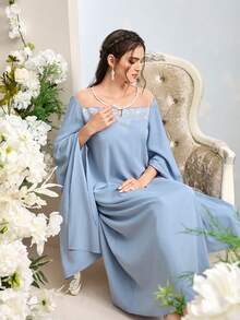 Al Najma 女士时尚优雅网纱拼接土耳其长裙，阿拉伯传统长袍 - 藍色 - 查看 2