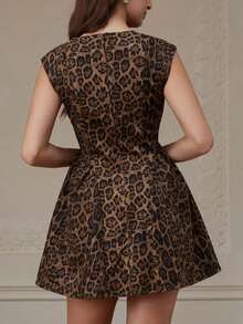 Aveloria Rosie Elegant Plush Deer Skin Leopard Print Peplum Sleeveless Dress