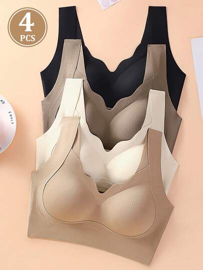 Sensual Star 4 piezas Sujetador push-up suave sin costuras para mujer, cómodo sujetador para dormir sin aros, color nude básico, sujetador deportivo para yoga sin aros, dobladillo contorneado, tallas ABC