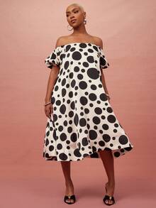 Vixey 波点露肩A字中长连衣裙