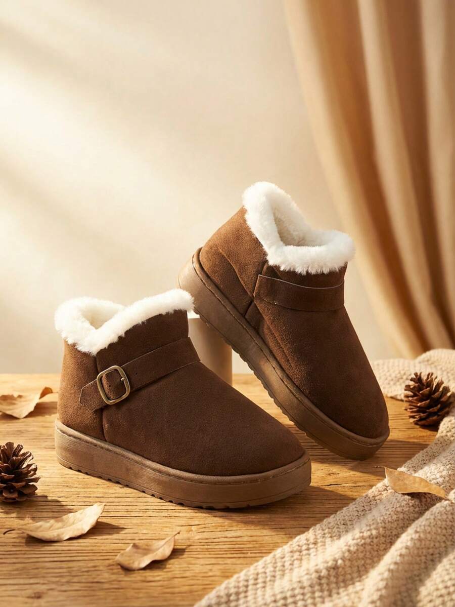 Dama botines de forro afelpado hebilla decorativa punta cerrada estilo acogedor para uso diario botines - Café integral - Ver 1