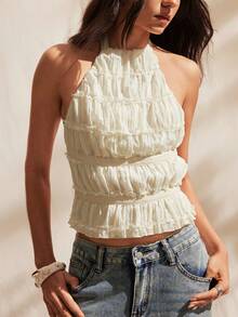 Easelle Áo quây hở lưng, xếp ly, màu trơn thời trang dành cho nữ - Màu be - Xem 1