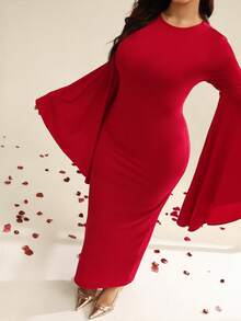 Auralis Đầm dài tay dáng ôm, cổ tròn, tay bồng rộng, co giãn, dành cho nữ, thích hợp cho mùa xuân, hè, thu, đông, thanh lịch, thường ngày, kiểu dáng mới, phù hợp cho kỳ nghỉ. - Đỏ - Xem 8