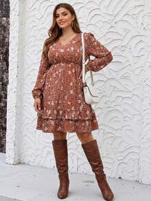 SHEIN LUNE Große Größen V-Ausschnitt Blume Muster Boho-Stil Langarm Kleid, perfekt für Thanksgiving, Silvester und Feiertage - Verschiedenfarbig - Übersicht 3