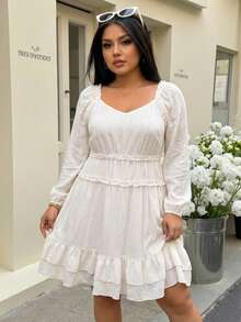 SHEIN LUNE Plus Size White Sweetheart Collar Long Sleeve Pleated Ruffle Hem Dress,Autumn Curve Party Women's Clothing,Casual Holiday Essentials,Country Outfit - Beige - View 3