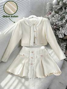 EMERY ROSE 2pcs/Set Women's Elegant Commuting & Party Outfit, Faux Pocket Pearl Decor Button Long Sleeve Jacket And A-Line Zipper Skirt, Autumn/Winter - White - View 1