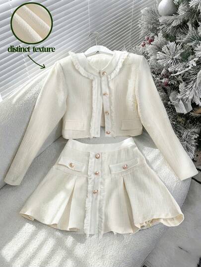 GlowEve 两件套女士优雅通勤及派对套装，仿口袋珍珠装饰纽扣长袖外套搭配A字拉链半裙，秋冬款