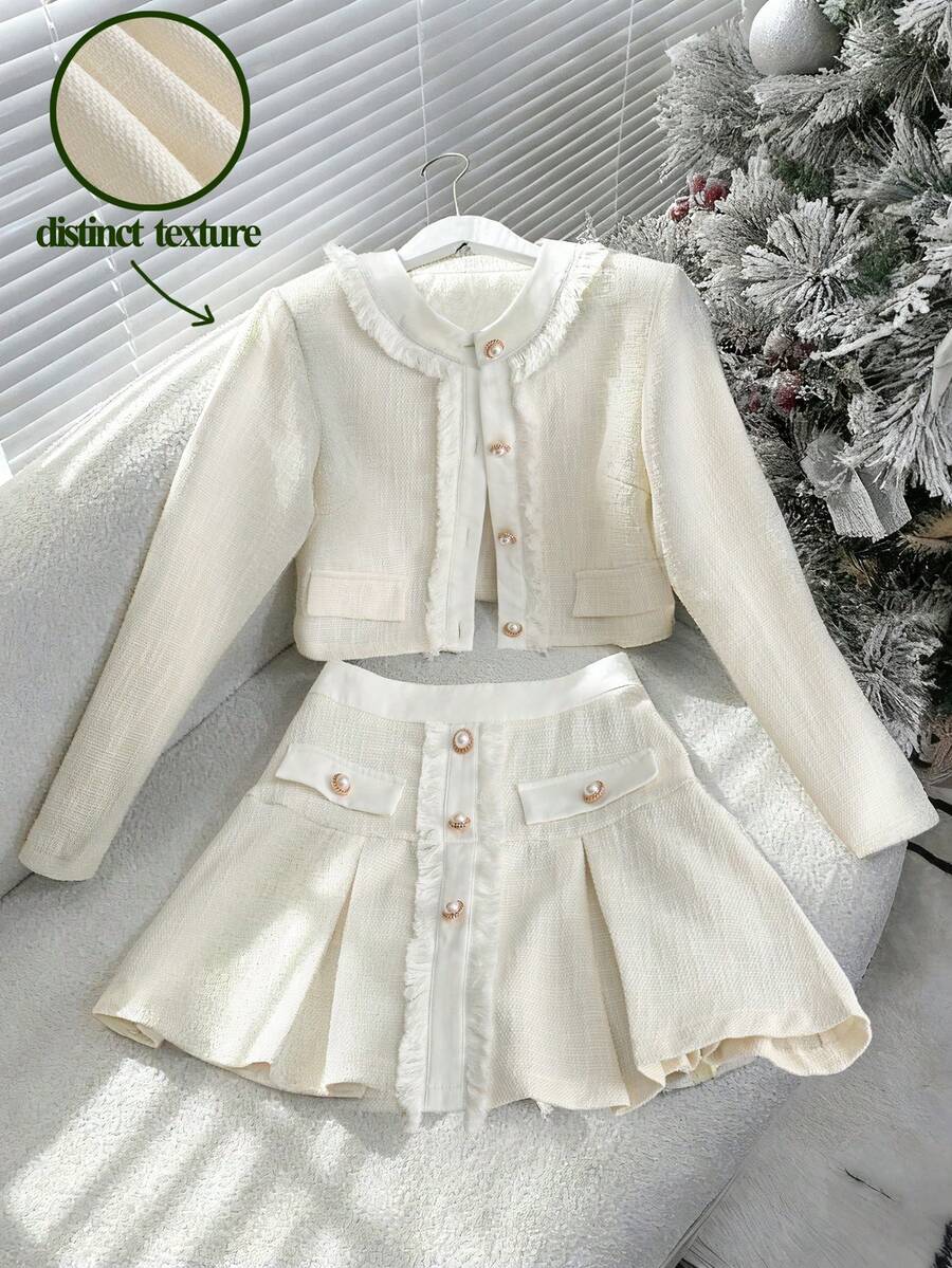 EMERY ROSE 2pcs/Set Women's Elegant Commuting & Party Outfit, Faux Pocket Pearl Decor Button Long Sleeve Jacket And A-Line Zipper Skirt, Autumn/Winter - White - View 1