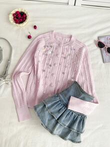 SHEIN Unity 女士休闲时尚扭结针织长袖开衫 - 粉色 - 查看 5