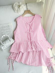 Comfortcana 浅粉色格子系带三蝴蝶结上衣短裤两件套，加大码，夏季 - 淺粉色 - 查看 7