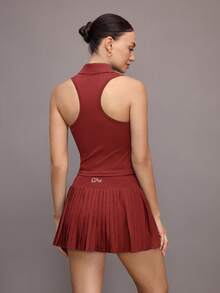 Activina Women's Letter Print Zip-Up Half Placket Vest And Skorts Sports Suit - Red - View 2