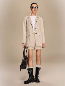 Hanevo Women's Solid Color Lapel NeckLong Sleeve Single-Breasted Jacket And Shorts Casual Suit Set - Apricot - View 5