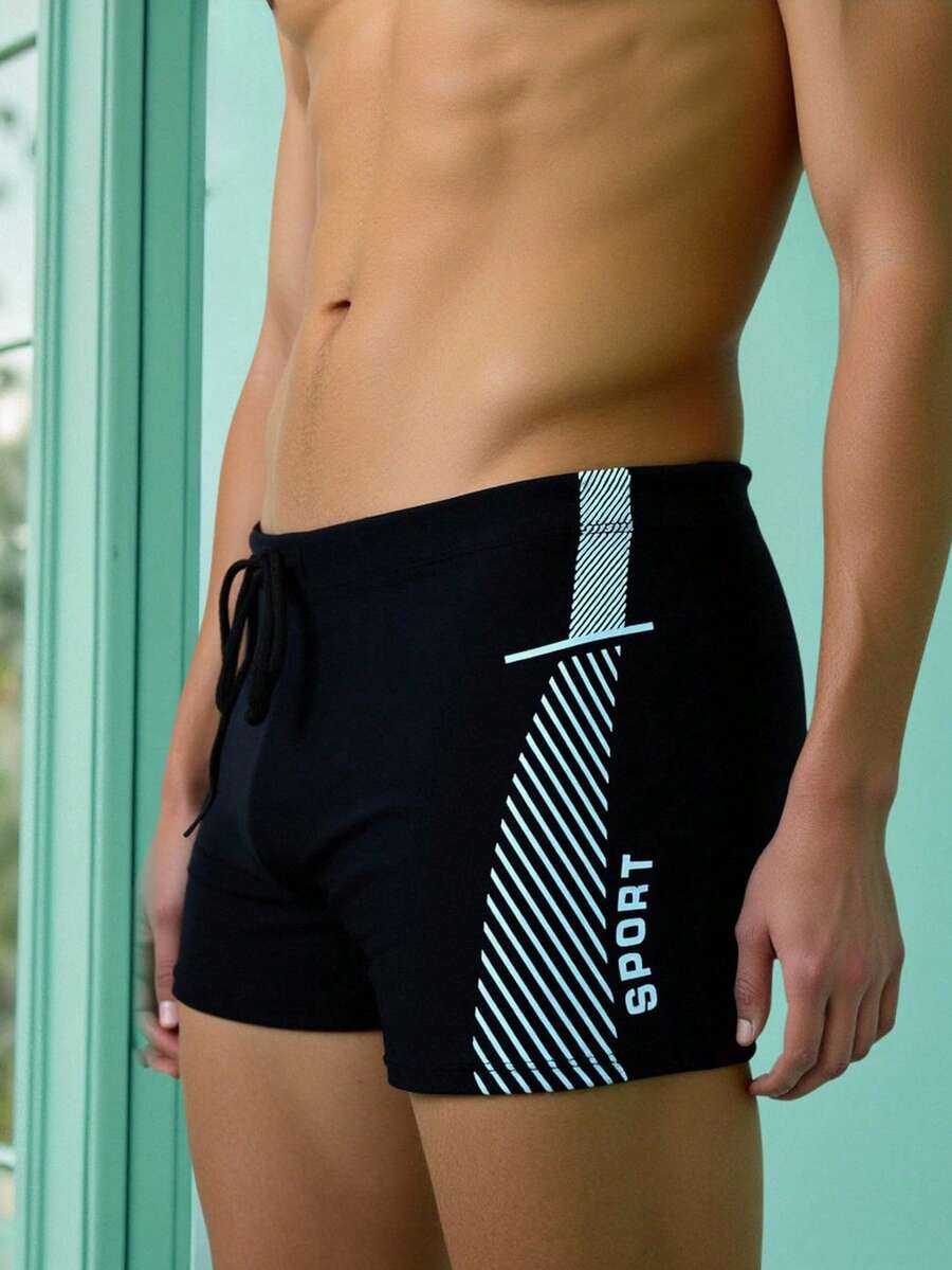 Manfinity Swimmode Men's Summer Beach Vacation Style Letter & Stripe Print Drawstring Waist Swim Trunks - Black - View 1