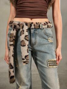 ROMWE J-Fashion 1 pieza Accesorio de vestido/jeans con decoración de flecos y lazo en la cintura con estampado de leopardo y pelaje para mujer, versátil para uso diario - Pelo corto con estampado de leopardo blanco - Ver 2