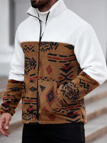 Manfinity Homme Men's Patchwork Pattern Zip-Up Long Sleeve Jacket Coat Mens Zip Up Men Sweater Jacket Men Graphic Jacket Mens Cardigan Men Street Wear Zip Up - White - View 5