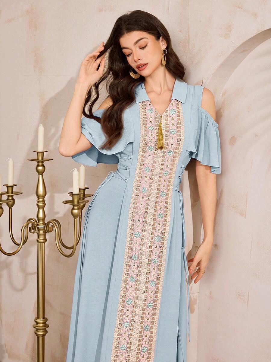 Al Najma Đầm Ả Rập thanh lịch dành cho nữ, kiểu trễ vai, phối ren tương phản, thắt eo. - Màu xanh nhạt - Xem 1