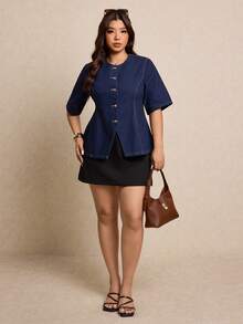 Elaquor 大码女式短袖单排扣休闲宽松牛仔衬衫 - 深色水洗藍 - 查看 5