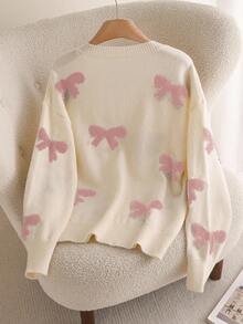 CosyJoli Áo len dài tay cổ chữ V màu hồng họa tiết nơ, cỡ lớn, thích hợp cho mùa thu/đông. - Hồng - Xem 2