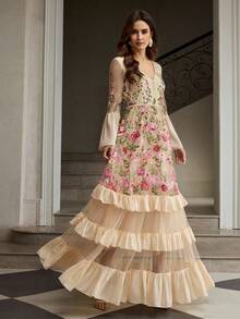 ZEYLAH 女士时尚玫瑰刺绣连衣裙 - 杏色 - 查看 5