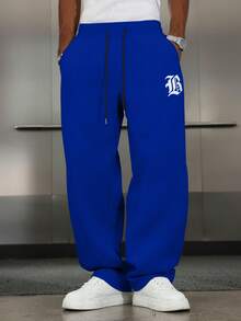 PAVTROS Men's Letter Print Drawstring Waist Casual Sweatpants - Blue - View 5