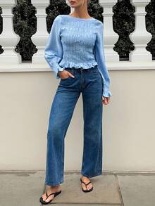 Siren Gaze Women's Solid Color Round Neck Pleated Long Sleeve Fashion Blouse Spring Casual Smocked Top Baby Blue Top Women Ruffle Blouse Blue Long Sleeve Top Light Blue Blouse - Blue - View 3