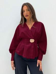 Siren Gaze Women's Metal Buckle V-Neck Long Sleeve Cinched Waist Shirt, New Autumn/Winter Design Spring Valentine's Day Elegant Red Burgundy Blouse Lantern Sleeve Blouse - Burgundy - View 8