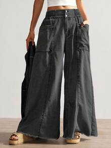 Bohemela Women's Casual Solid Color Woven Loose Wide Leg Pants - Black - View 6