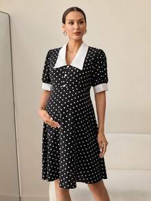 MaterniWear 孕妇撞色波点印花短袖连衣裙 - 黑與白 - 查看 4