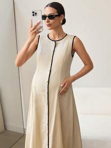 MaterniWear Maternity Clothes Maternity Jumpsuit Elegant Office Attire For Commuting Summer Khaki And Black Trim Round Neck Single-Breasted Sleeveless Maternity Dress, Long Style, Cotton Dress.