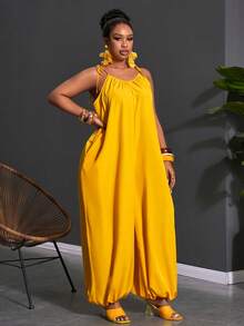 Slaydiva 春夏新款音乐节、复活节、圣帕特里克节、西部风、游牧风、生日派对、毕业典礼、学院风、学生装、日常休闲、百搭基础款、休闲、邮轮旅行、海滩、日光浴、爆款、街头风、婚礼宾客波西米亚风女士长款连体裤、女士阔腿连体裤、女士宽松纯色长裤、夏季无袖派对连体裤 - 黃色 - 查看 15