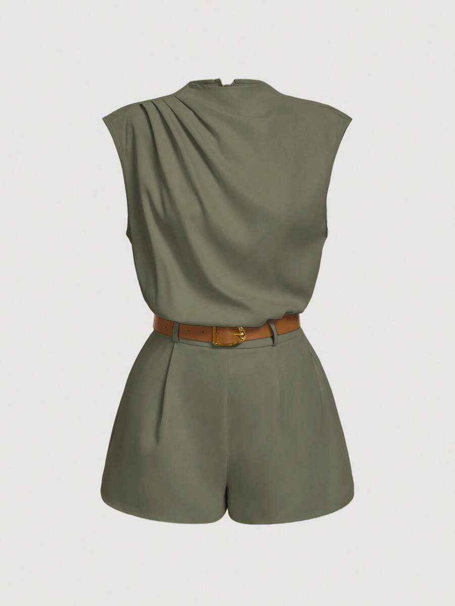 SHEIN MOD HIGH NECK SOLID POCKET JUMPSUIT WITH BELT - Army Green - View 1
