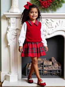 2件套幼儿女童舒适学校/派对套装，罗纹背心和格子领长袖上衣搭配百褶裙，活力四射